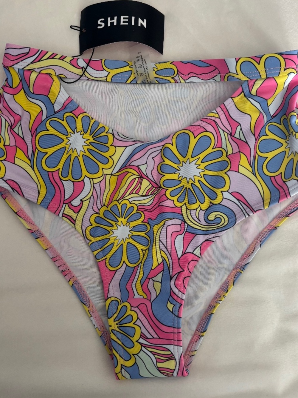 SHEIN Bikini Bottom Allover Print Cut-out Groovy Pink Yellow Women's Size S NWT